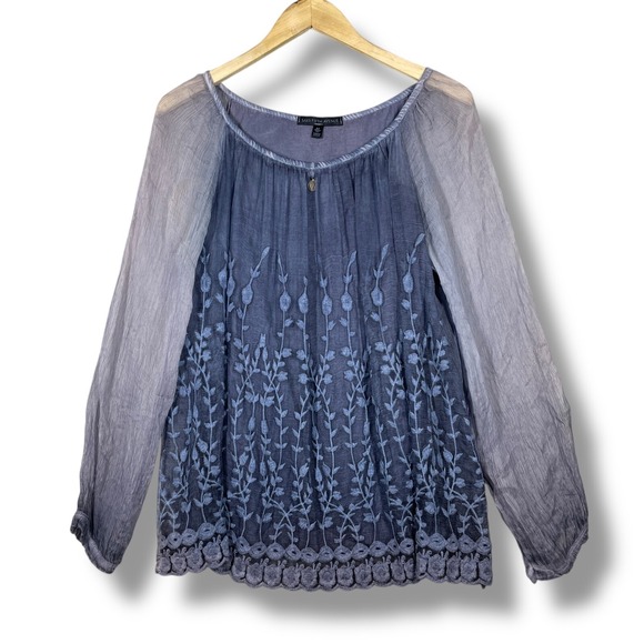 Saks Fifth Avenue Embroidered Blouse Womens S Silk Lightweight Blue Floral Boho - Picture 1 of 7